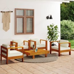 5 Piece Patio Lounge Set with Cream White Cushions Solid Wood