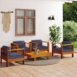 5 Piece Patio Lounge Set with Dark Gray Cushions Solid Wood