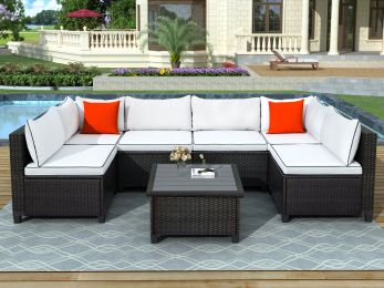 Quality Rattan Wicker Patio Set, U-Shape Sectional Outdoor Furniture Set with Cushions and Accent Pillows (Color: Beige)