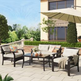 4 Piece Rattan Sofa Seating Group with Cushions, Outdoor Ratten sofa (Color: Beige)