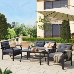 4 Piece Rattan Sofa Seating Group with Cushions, Outdoor Ratten sofa (Color: Gray)