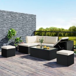 Large Outdoor Wicker Sofa Set, PE Rattan, Movable Cushion, Sectional Lounger Sofa, For Backyard, Porch, Pool, Beige (Color: Beige)