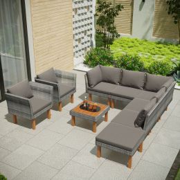 9-Piece Outdoor Patio Garden Wicker Sofa Set, Gray PE Rattan Sofa Set, with Wood Legs, Acacia Wood Tabletop, Armrest Chairs with Cushions (Color: Gray)