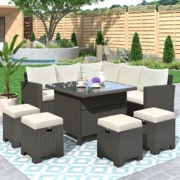 Patio Furniture Set, 8 Piece Outdoor Conversation Set, Dining Table Chair with Ottoman, Cushions (Color: Beige)