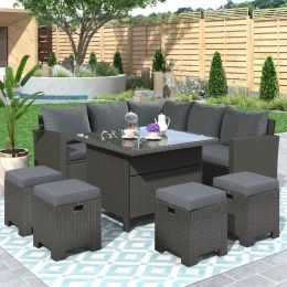 Patio Furniture Set, 8 Piece Outdoor Conversation Set, Dining Table Chair with Ottoman, Cushions (Color: Gray)