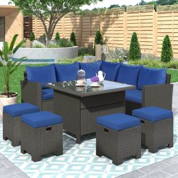 Patio Furniture Set, 8 Piece Outdoor Conversation Set, Dining Table Chair with Ottoman, Cushions (Color: Blue)