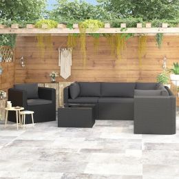 7 Piece Garden Lounge Set with Cushions Poly Rattan Black (Color: Black)