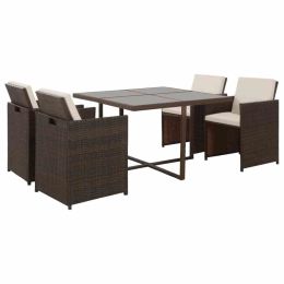 5 Piece Outdoor Dining Set with Cushions Poly Rattan Brown (Color: Brown)