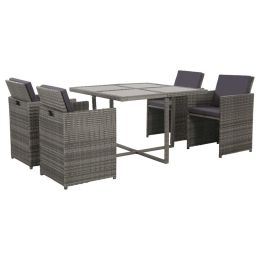 5 Piece Outdoor Dining Set with Cushions Poly Rattan Gray (Color: Grey)
