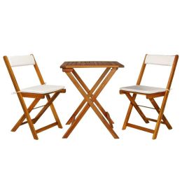 3 Piece Folding Bistro Set with Cushions Solid Acacia Wood (Color: Brown)