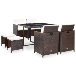 9 Piece Outdoor Dining Set with Cushions Poly Rattan Brown (Color: Brown)