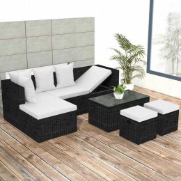 4 Piece Garden Lounge Set with Cushions Poly Rattan Black (Color: Black)