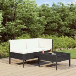 3 Piece Garden Lounge Set with Cushions Poly Rattan Black (Color: Black)