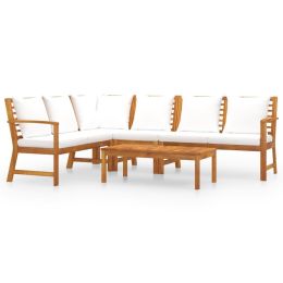 5 Piece Garden Lounge Set with Cushion Cream Solid Acacia Wood (Color: Brown)