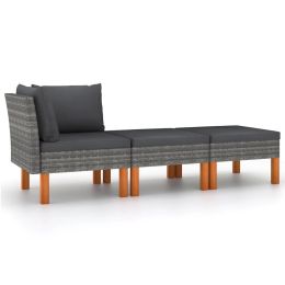 3 Piece Garden Lounge Set Poly Rattan and Solid Eucalyptus Wood (Color: Grey)