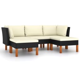 5 Piece Garden Lounge Set with Cushions Poly Rattan Black (Color: Black)