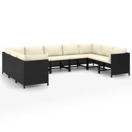 9 Piece Garden Lounge Set with Cushions Poly Rattan Black (Color: Black)