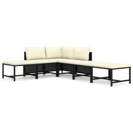 6 Piece Garden Lounge Set with Cushions Poly Rattan Black (Color: Black)