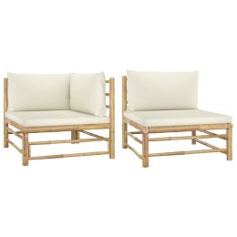 2 Piece Garden Lounge Set with Cream White Cushions Bamboo (Color: Brown)