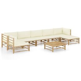 8 Piece Garden Lounge Set with Cream White Cushions Bamboo (Color: Brown)