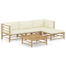 5 Piece Garden Lounge Set with Cream White Cushions Bamboo (Color: Brown)