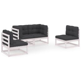 4 Piece Garden Lounge Set with Cushions Solid Pinewood (Color: White)