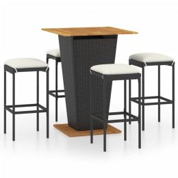 5 Piece Garden Bar Set with Cushions Poly Rattan Black (Color: Black)