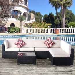 Outdoor Garden Patio Furniture 7-Piece PE Rattan Wicker Sectional Cushioned Sofa Sets with 2 Pillows and Coffee Table (Color: Espresso, Number of Pieces: 7 Pieces)