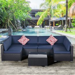 Outdoor Garden Patio Furniture 7-Piece PE Rattan Wicker Sectional Cushioned Sofa Sets with 2 Pillows and Coffee Table (Color: Black, Number of Pieces: 7 Pieces)