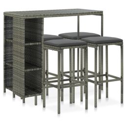 5 Piece Garden Bar Set with Cushions Poly Rattan Gray (Color: Grey)