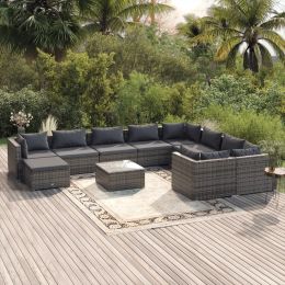 11 Piece Garden Lounge Set with Cushions Poly Rattan Gray (Color: Grey)