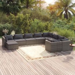 10 Piece Garden Lounge Set with Cushions Poly Rattan Gray (Color: Grey)
