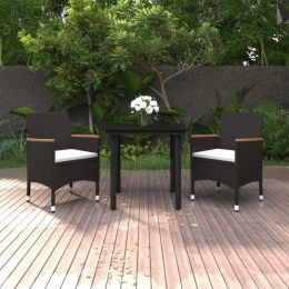 3 Piece Patio Dining Set with Cushions Poly Rattan and Glass (Color: Black)