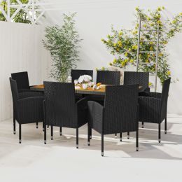 9 Piece Patio Dining Set Poly Rattan Black (Color: Black)