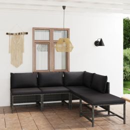 5 Piece Patio Lounge Set with Cushions Poly Rattan Gray (Color: Grey)