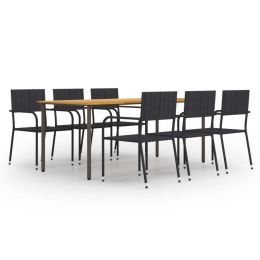 7 Piece Patio Dining Set Poly Rattan Black (Color: Black)