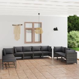 10 Piece Patio Lounge Set with Cushions Poly Rattan Gray (Color: Grey)