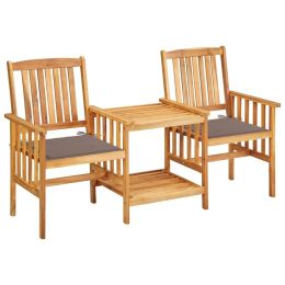 Patio Chairs with Tea Table and Cushions Solid Acacia Wood (Color: Taupe)