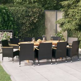 11 Piece Patio Dining Set with Cushions Black (Color: Black)