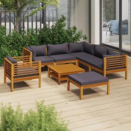 8 Piece Patio Lounge Set with Cushion Solid Acacia Wood (Color: Grey)