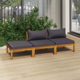 3 Piece Patio Lounge Set with Cushion Solid Acacia Wood (Color: Grey)