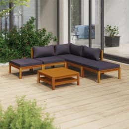 6 Piece Patio Lounge Set with Cushion Solid Acacia Wood (Color: Grey)