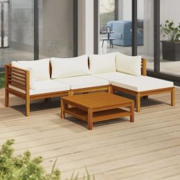 5 Piece Patio Lounge Set with Cream Cushion Solid Acacia Wood (Color: Cream)